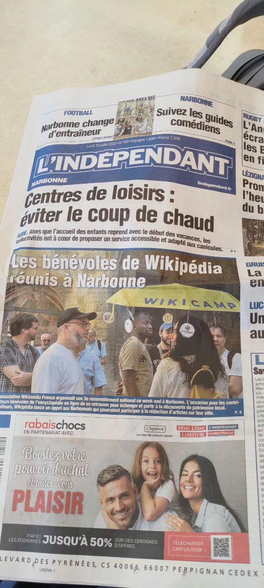 Wikimedia_Fr's tweet photo. [Presse #Wmfr] Les bénévoles de @Wikimedia_Fr en Une de @lindependant. Encore merci à @villedenarbonne et Yves Penet, adjoint à la culture pour son accueil. Poke @Wikipedia_fr https://t.co/TnCbJhcn9x