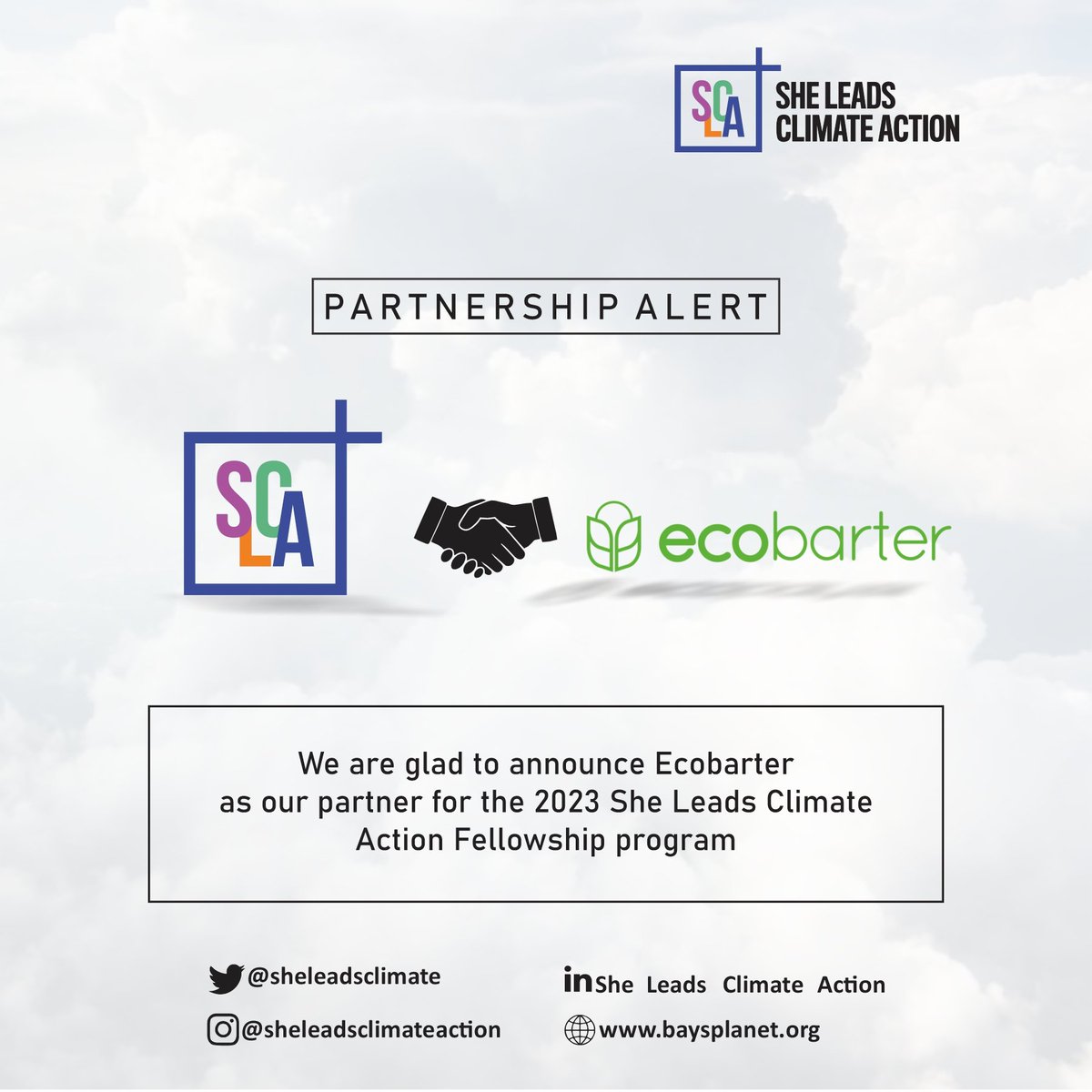 sheleadsclimate's tweet photo. Introducing @EcoBarter as our partner for the first cohort of our fellowship program. 
 fellows will be placed with the Ecobarter Team to grow &amp; learn in the climate action space for the next 6 months.
We are delighted to do this with you!

#SLCAPartners
#SLCAFellowship https://t.co/Q9uVQRBHfv