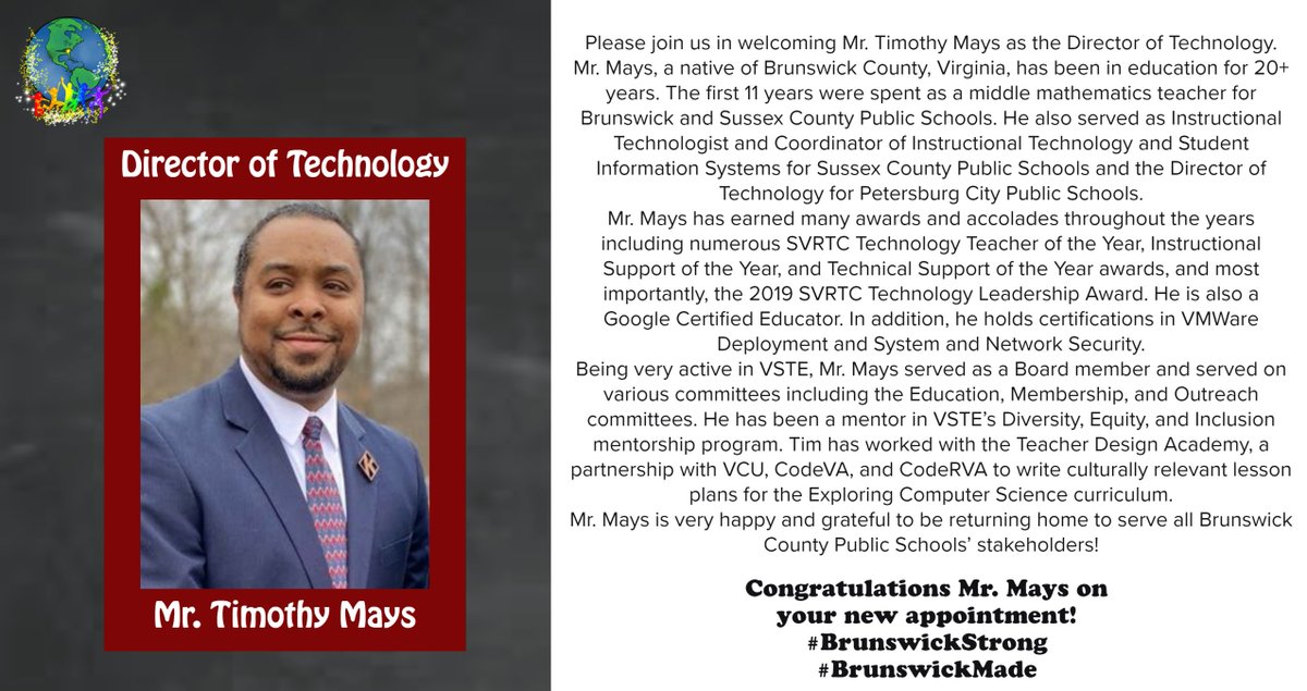 bcpsva's tweet image. Please join us in welcoming Mr. Timothy Mays as the Director of Technology. Mr. Mays is very happy and grateful to be returning home to serve all Brunswick County Public Schools’ stakeholders! Congratulations Mr. Mays on your new appointment. #BrunswickStrong #BrunswickMade