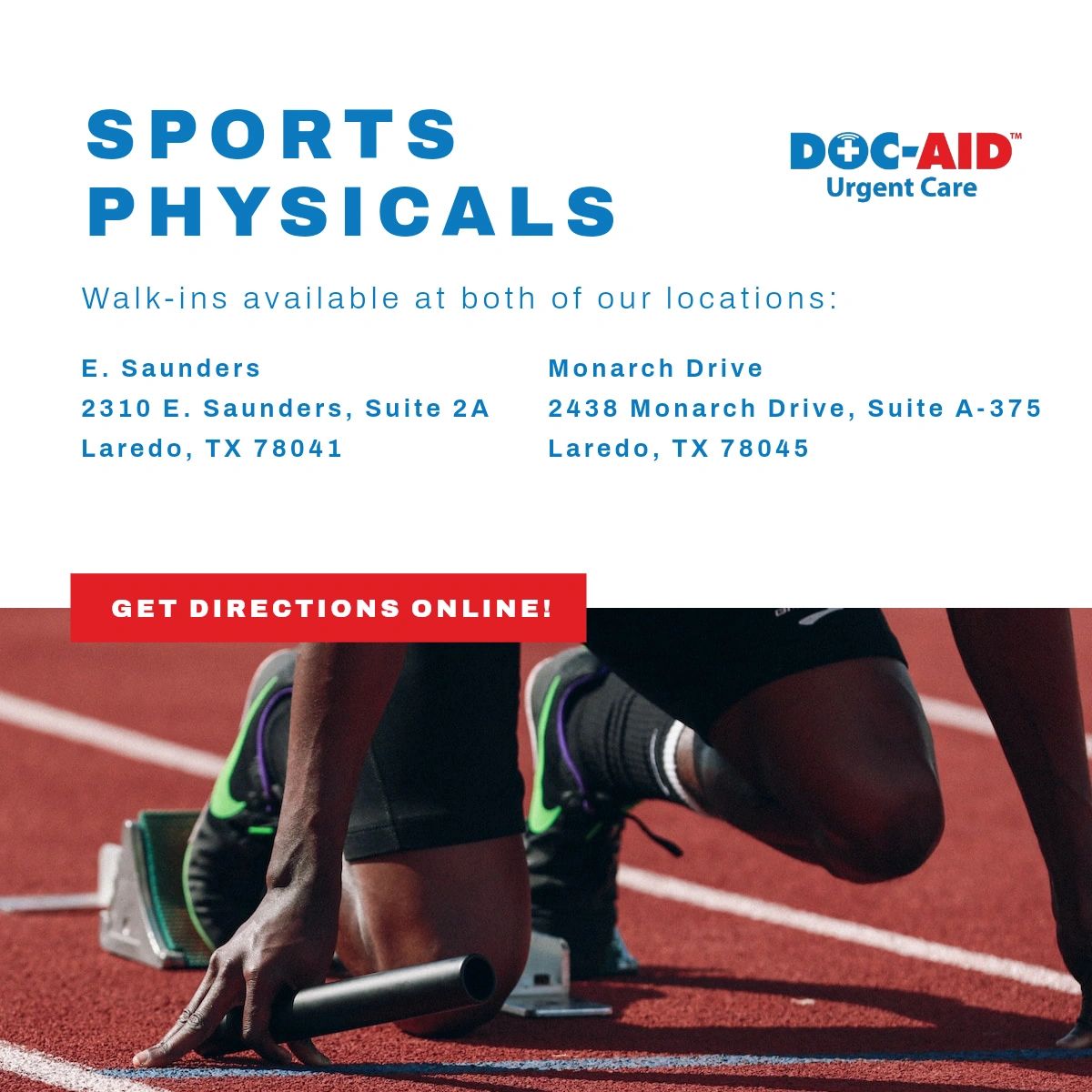docaid_laredo's tweet photo. Make sure your athletes take care of their required sports physicals before the first game! Both DOC-AID Urgent Care Team offices are offering walk-in sports physical walk-in appointments for only $35. Learn more: https://t.co/yGsAjJzcge. https://t.co/D3dphllBH2