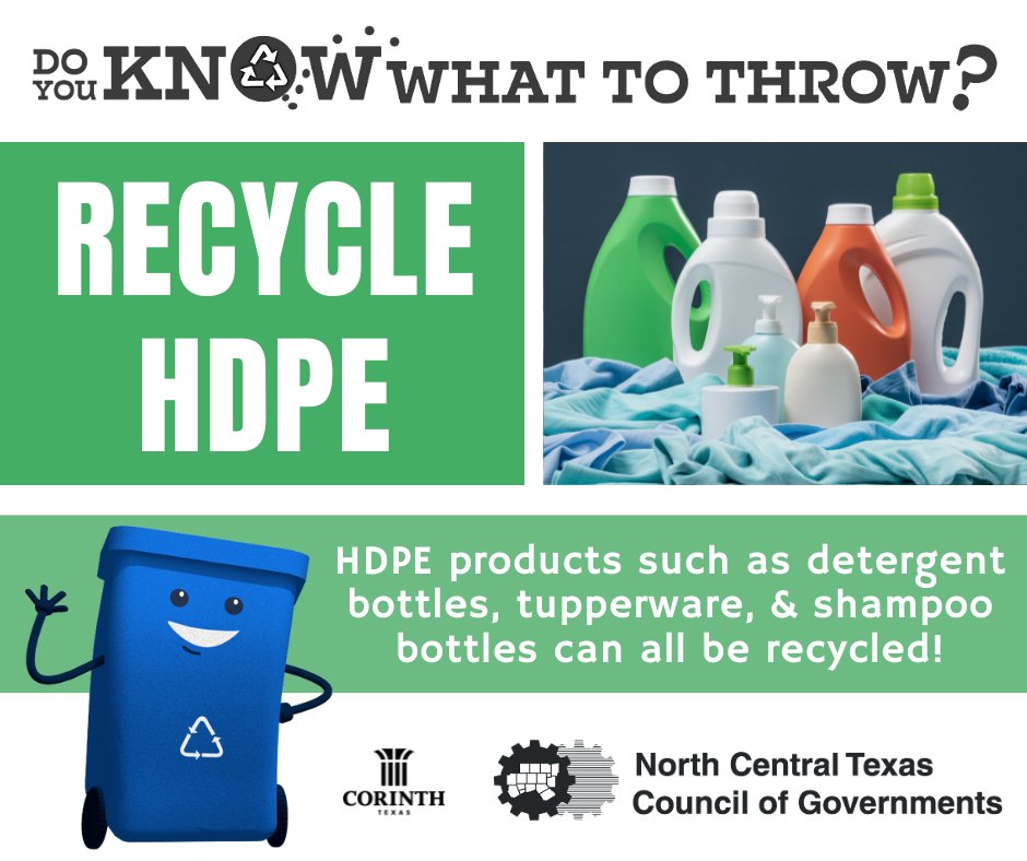 CityofCorinth's tweet image. Did you know that High-density polyethylene (HDPE) polymer plastics are recyclable? HDPE is commonly used for detergent bottles, tupperware, shampoo bottles, and more! Just make sure to rinse out any remaining liquid before recycling! #KnowWhatToThrow
