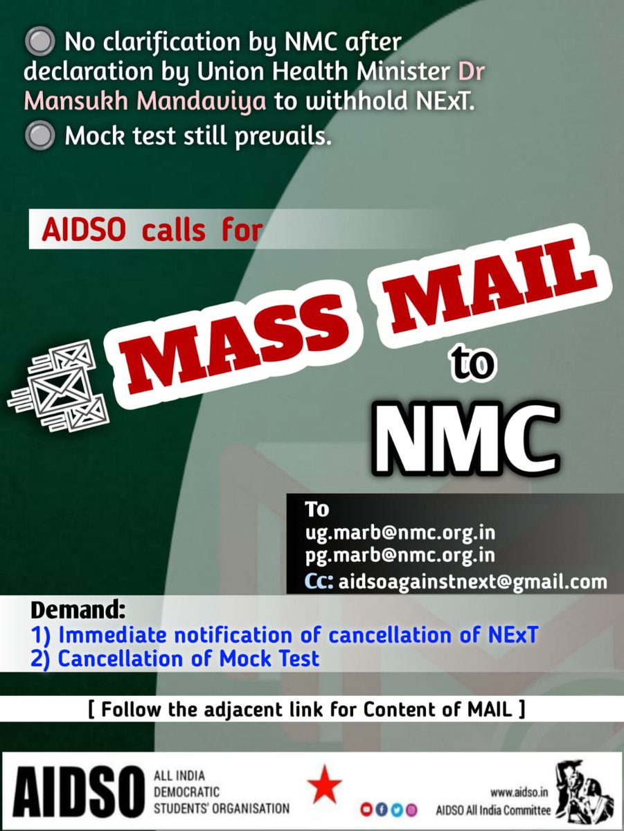 #nonextfor2019batch
#cancelnext
No Notification by #NMC on #NExT , Mock test still prevails
#AIDSO calls for Mass E Mail to NMC for NExT cancellation. Mail at 
ug.marb@nmc.org.in
pg.marb@nmc.org.in
Keep AIDSO in CC:aidsoagainstnext@gmail.com

Content: 
docs.google.com/document/d/1Lm…