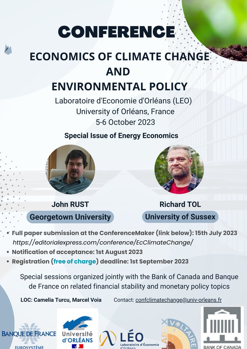 The conference "Economics of climate change and environmental policy" will be organized by <a href="/Laboratoire_LEO/">Laboratoire d'Économie d'Orléans</a>, an INFER strategic partner 👇

🗺️Orléans 🇫🇷
🗓️October 5-6, 2023
📕Special Issue at Energy Economics
🗓️Deadline for submissions is July 15