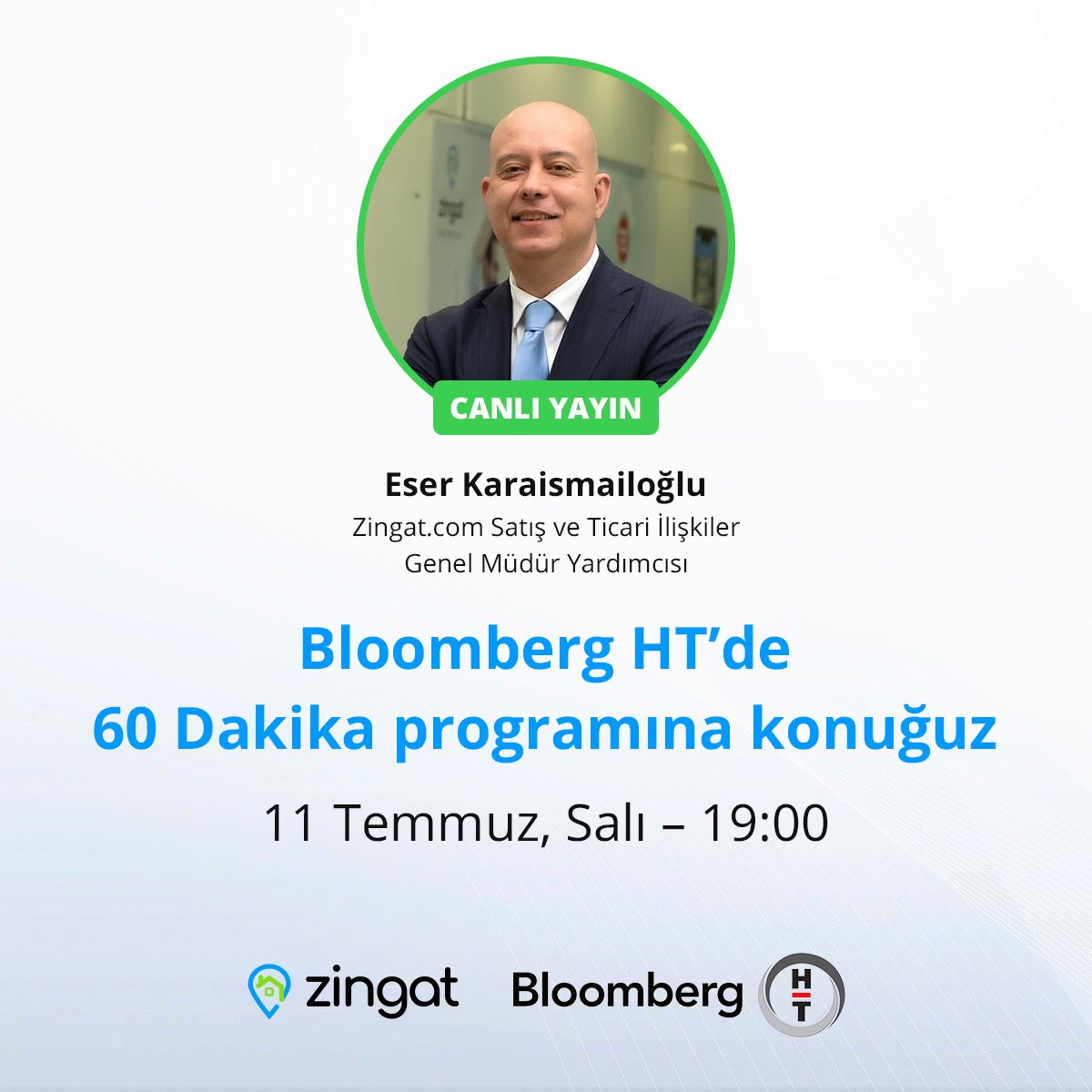 zingatcom's tweet photo. Zingat Satış ve Ticari İlişkiler Genel Müdür Yardımcısı Eser Karaismailoğlu, 11 Temmuz 2023 Salı saat 19:00’da Bloomberg HT’de 60 dakika programına konuk oluyor.  Karaismailoğlu, gayrimenkul sektöründeki güncel gelişmeler ile ilgili değerlendirmelerde bulunacak.  #zingat https://t.co/ZRhPscFN5J