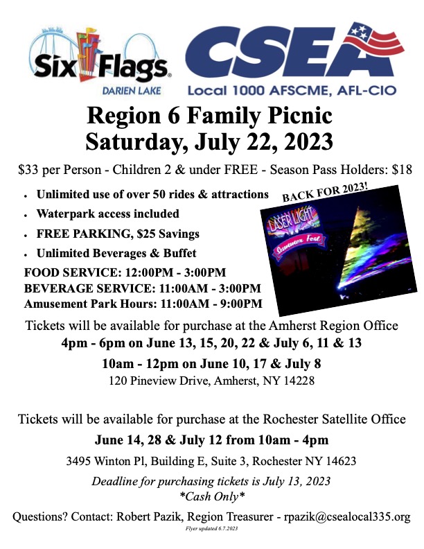 REMINDER !! This is the final week we'll be selling Darien Lake Family Picnic tickets for July 22. Here are the dates we'll be selling!!

July 11 from 4pm - 6pm at the AMHERST OFFICE

July 12 from 10am - 4pm at the ROCHESTER OFFICE

July 13 from 4pm - 6pm at the AMHERST OFFICE
