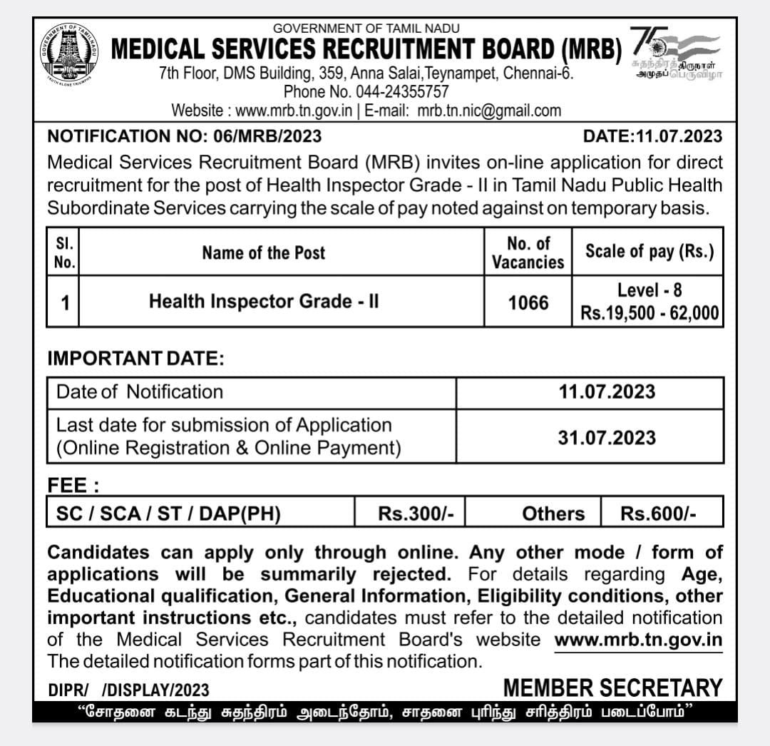 TNPSC_CORNER360's tweet photo. Tamilnadu 
#Health_Inspector Grade - 2 
#Notification Date 11/07/2023 
No. Of . Vacancies 1066 https://t.co/MC2cvLe80u
