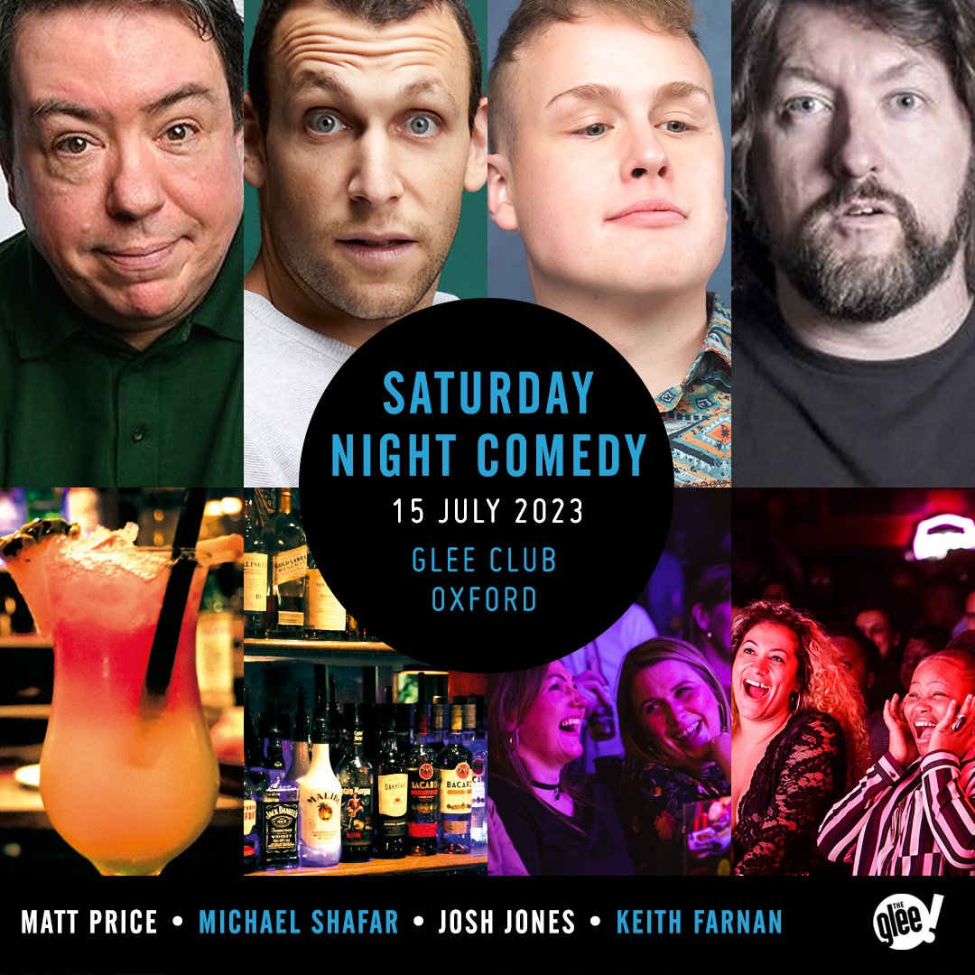 Get your comedy fix at The Glee Club this Saturday! 🤣

Behind the mic this week will be the hysterical <a href="/mattpricecomic/">Matt Price</a>, <a href="/michaelshafar/">Michael Shafar</a>, Josh Jones &amp; <a href="/KeithFarnan/">keith farnan</a> 🙌

Don't miss out on the funniest night in Oxford, pick up your tickets today! 👉 bit.ly/OxfordWeekendC…