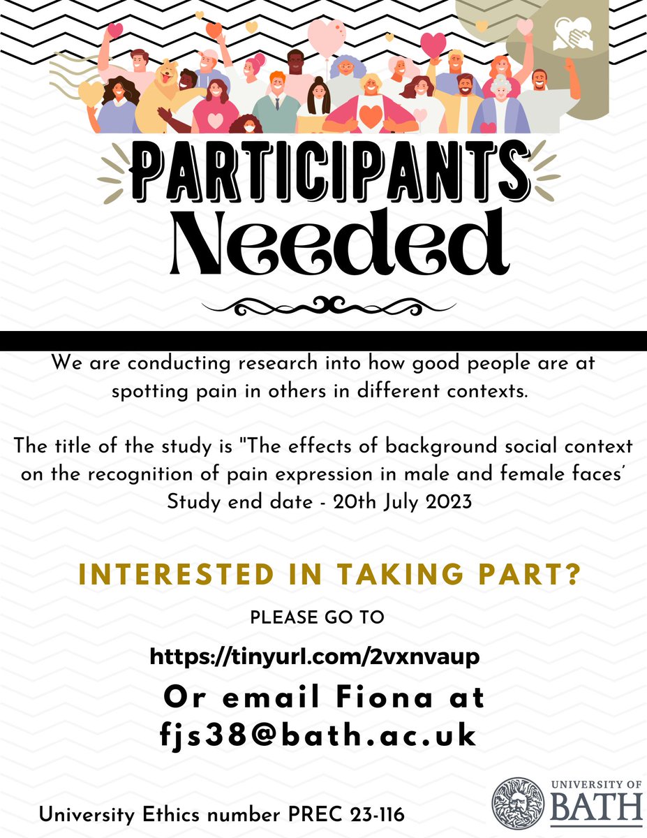 This is my MSc dissertation project 👩‍🎓

I am looking for individuals over 18 years old to participate in a 15-20 minute computer experiment investigating how good people are at spotting pain in other peoples’ faces. 

➡️  tinyurl.com/2vxnvaup

Thank you!