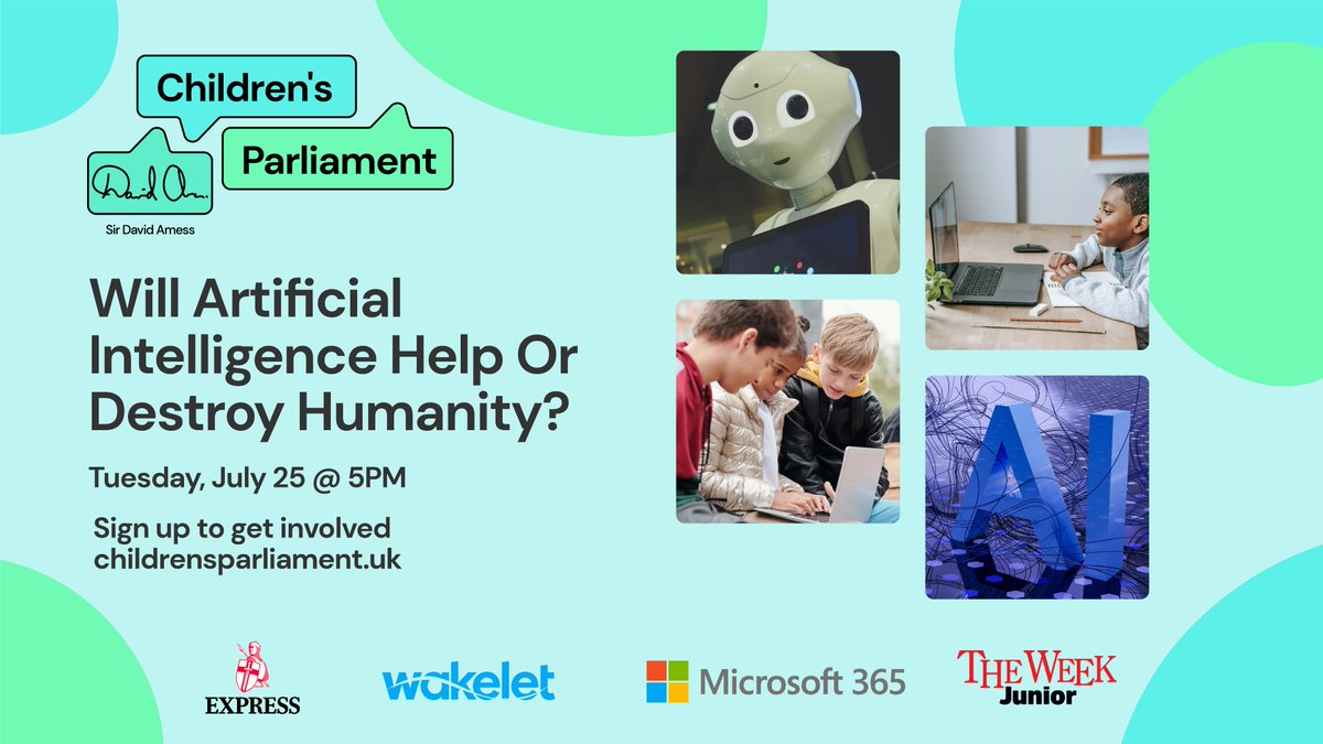 Next week, students from around the UK will be debating the question: 'Will Artificial Intelligence Help or Destroy Humanity?' 🤖 There's still time to get involved! Head to childrensparliament.uk for more 🎉