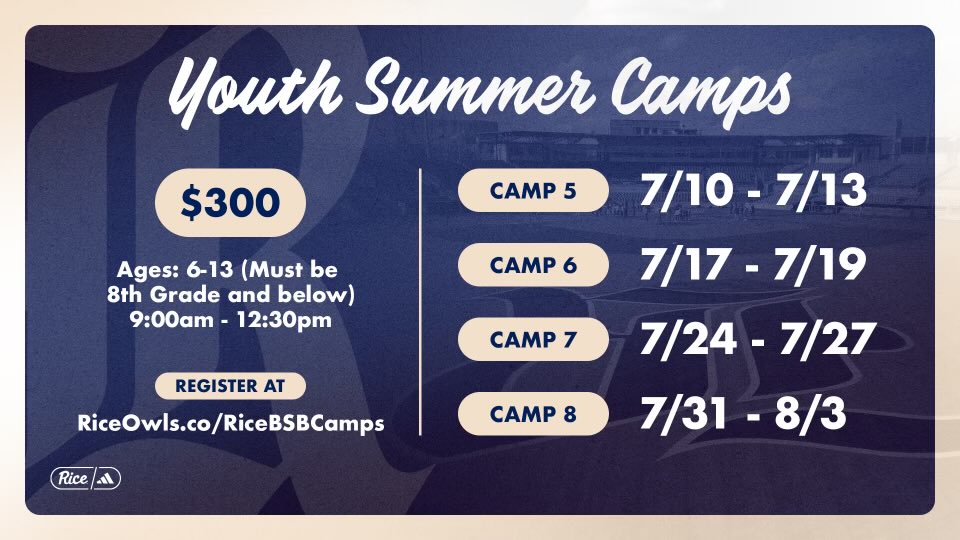 Only a few weeks left of our Rice Baseball Camps. Please come join us. Also, please stay tuned for our unveiling of the Rice Academy youth program which will include softball. I’m very excited for what is to come.