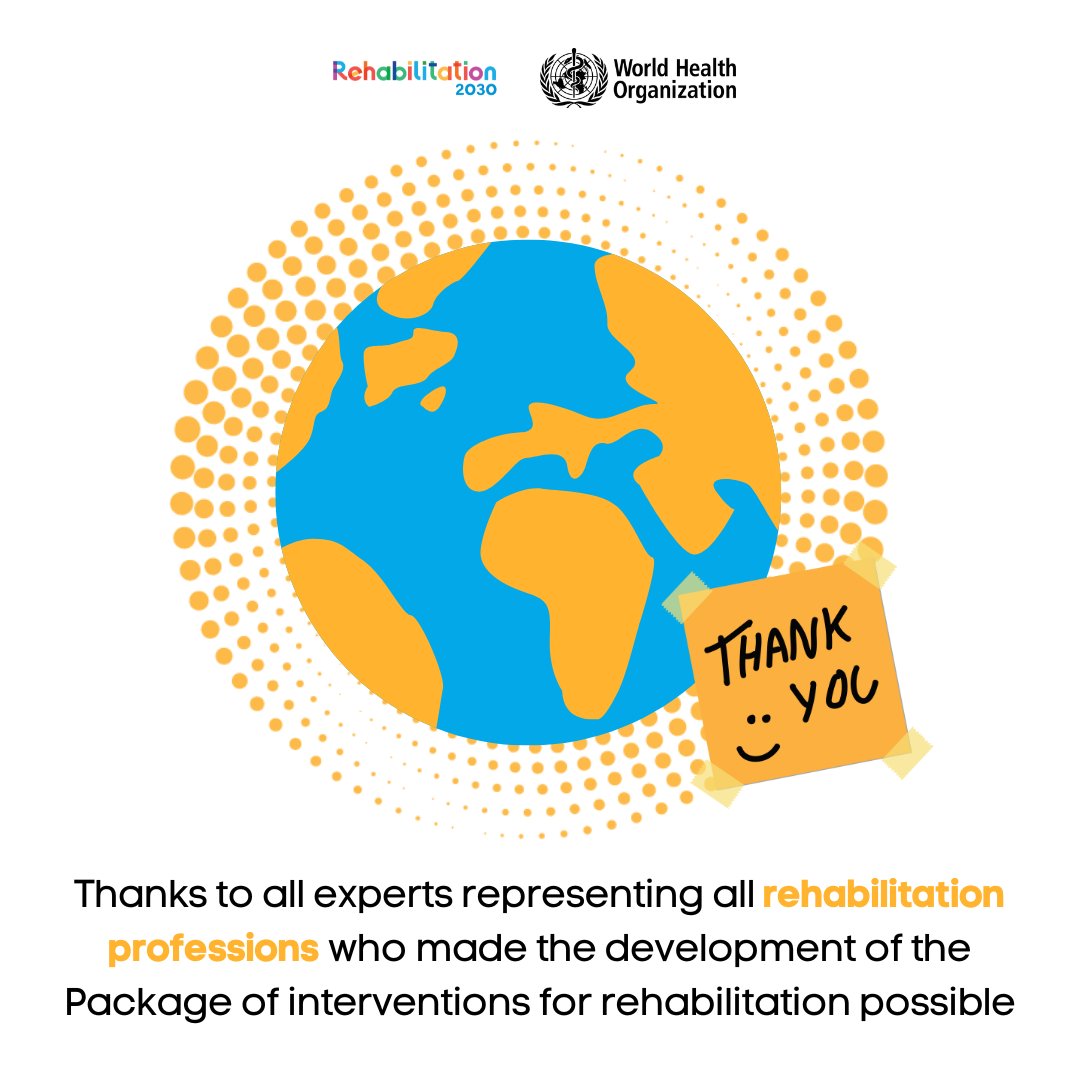 After many years of support by @WorldPhysio1951 specialty groups and regions the @WHO Package of interventions for rehabilitation has launched ! Thank you to the #GlobalPT individuals who volunteered to provide PT input into these documents. #Rehab2030 who.int/activities/int…