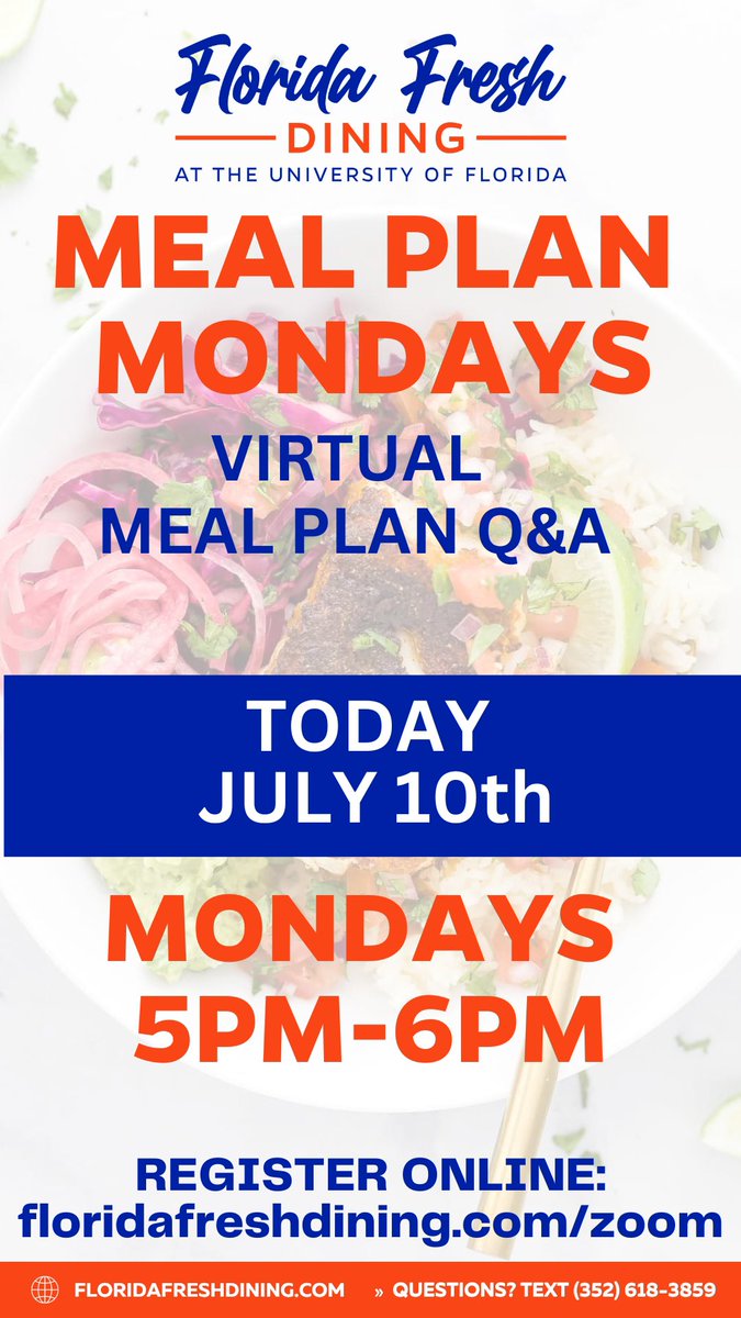 FLFreshDine's tweet photo. Join us tonight from 5pm-6pm for our virtual Q&amp;A Session!! We’ll be discussing all things meal plans and taking questions 🧡💙

Register at:
https://t.co/XcIbgkp7E9
•
•
•
#FloridaFreshDining #LoveWhereYouChomp https://t.co/9At357K56o