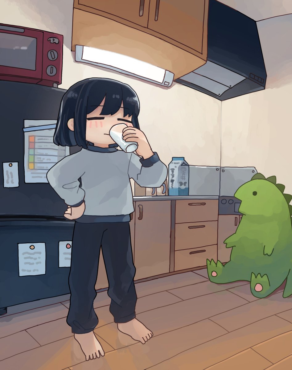 drinking black hair barefoot 1girl closed eyes indoors pants  illustration images