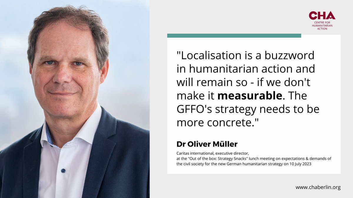 Centre for Humanitarian Action (@cha_germany) on Twitter photo #Localisation is a buzzword in humanitarian action and will remain so - if we don't make it measurable, warns <a href="/MuellerCaritas/">Oliver Müller, Caritas international</a> <a href="/caritas_ci/">Caritas international</a> at the "Out of the box: Strategy Snacks" lunch meeting on the new German #humanitarian #strategy today. <a href="/AA_stabilisiert/">🇩🇪 GER on Peace & Humanitarian Action</a> #Localisation is a buzzword in humanitarian action and will remain so - if we don't make it measurable, warns <a href="/MuellerCaritas/">Oliver Müller, Caritas international</a> <a href="/caritas_ci/">Caritas international</a> at the "Out of the box: Strategy Snacks" lunch meeting on the new German #humanitarian #strategy today. <a href="/AA_stabilisiert/">🇩🇪 GER on Peace & Humanitarian Action</a>