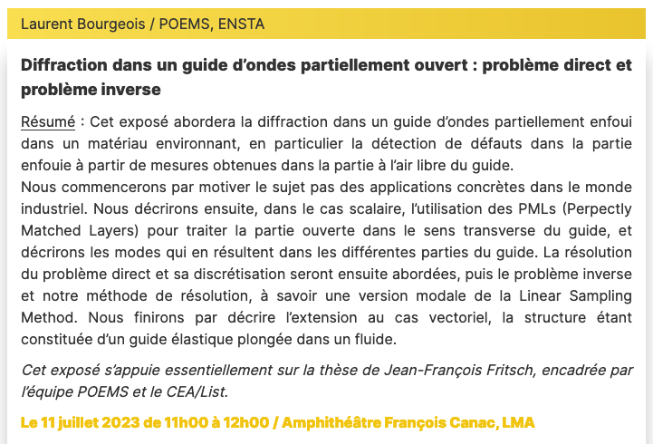 [#Séminaire LMA] le 11/07 à 11h : '#Diffraction dans un guide d’#ondes partiellement ouvert : problème direct et problème inverse' ; Laurent Bourgeois / POEMS, @ENSTAParis 
➡️laboratoire-mecanique-acoustique.fr/actualites/113…