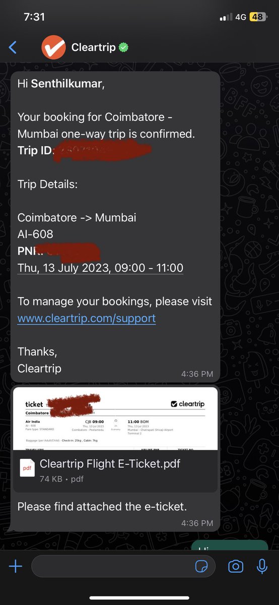 senthilkskumar's tweet photo. @Cleartrip @nch1915 Today i tried to book a ticket to mumbai from coimbatore on 15 july 2023 from there i have international connection to Lagos. Until payment screen date was clearly mentioned as 15th yet while issuing ticket they issued for 13th july, cc rep says  tech glitch. https://t.co/q0kv3d1DfD