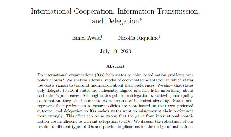 Emiel Awad (@emielawad) on Twitter photo My great friend Nicolas Riquelme (<a href="/nicriquelme7/">Nicolas Riquelme</a>) and I are happy to share that our article has just been accepted at the Quarterly Journal of Political Science! We formally study the ability of International Organizations to solve coordination problems:
osf.io/preprints/soca… My great friend Nicolas Riquelme (<a href="/nicriquelme7/">Nicolas Riquelme</a>) and I are happy to share that our article has just been accepted at the Quarterly Journal of Political Science! We formally study the ability of International Organizations to solve coordination problems:
osf.io/preprints/soca…