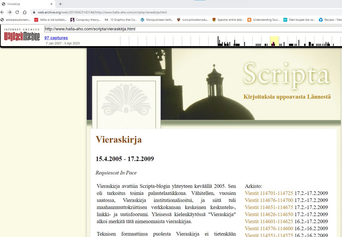 panuraatikainen's tweet image. Jos tämä on jollekin epäselvää: 
#Scripta:n nyt paljon puhuttu &quot;kadonnut&quot; #Vieraskirja, jossa  mm. nimimerkki &quot;riikka&quot; seikkailee, siis aukeaa kyllä edelleen @waybackmachine:n avulla. 
Kaiken voi siis varmentaa.