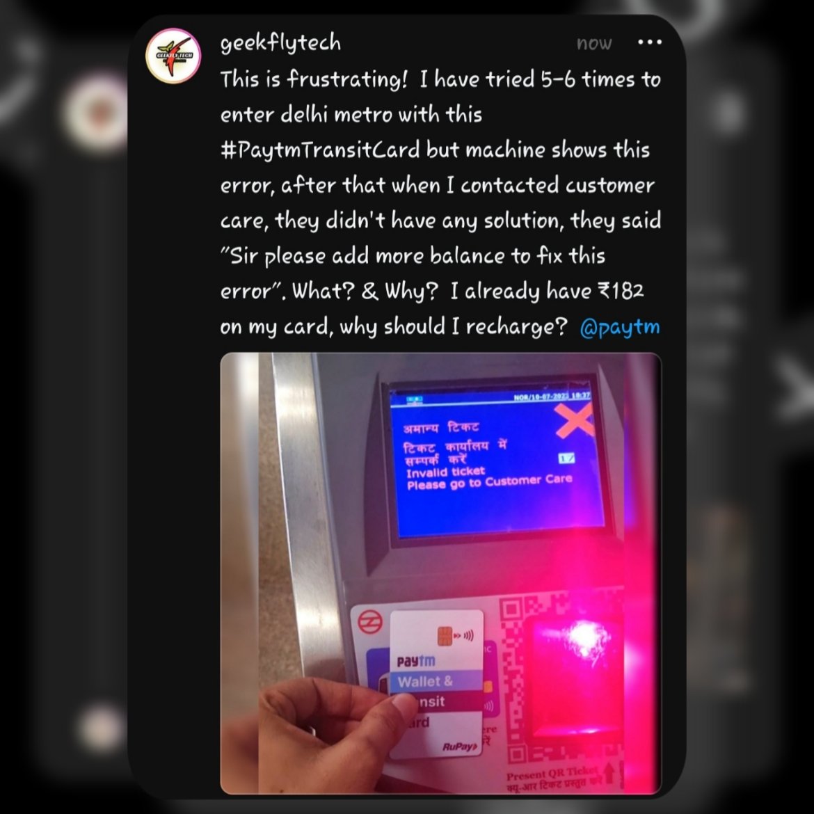 itstechgeek's tweet image. Worst Experience!  @Paytm @OfficialDMRC 
#paytm #transitcard #metrocard #newmetrocard #paytmmetrocard #delhimetro #paytmMetro #metrocards #newtansitcard #paytmwallet #paytmwalletcard #paytmwalletransitcard #nfctravelcard #metrodebitcard #dillimetro #newcrad