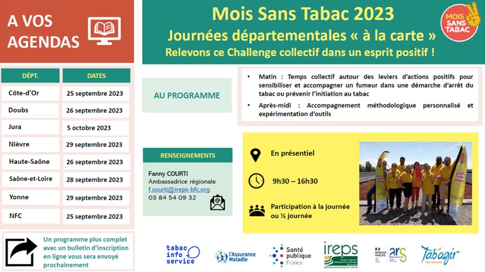 fcourtirepsbfc's tweet photo. #MoisSansTabac 2023 : L’aventure commence maintenant ! Alors à vos agendas🗓️
Découvrez les dates des #JournéesDépartementales « A la carte » proposées par la Team @IrepsBFC 👉https://t.co/ghz9vnYWJ2 
A très bientôt pour déployer cette 8e édition en région à vos côtés✌️ https://t.co/iF7qpelav1