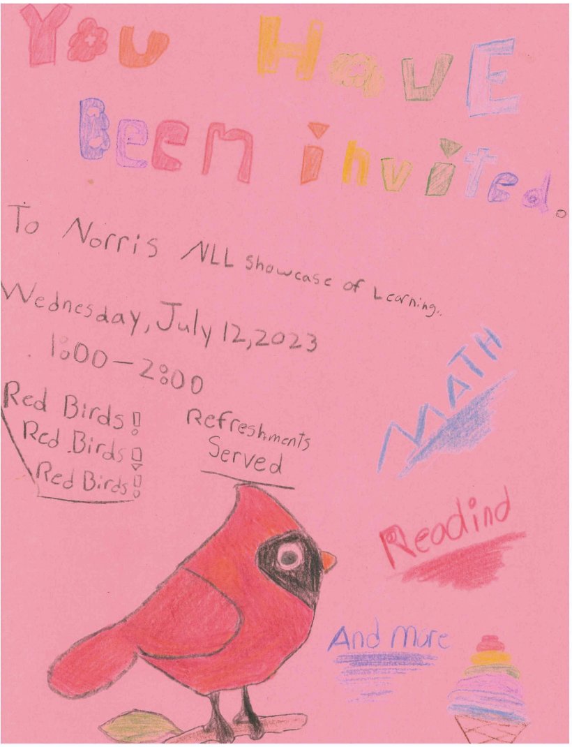 OPS_Norris's tweet photo. Check out these student-made invites from our NLL Redbirds!! Join us this Wednesday at 1:00 in the Norris cafeteria for a fun event to see what our Redbirds have been up to this summer! #ShowcaseOfLearning #NLL #RedbirdNation https://t.co/OnWJqkHANh