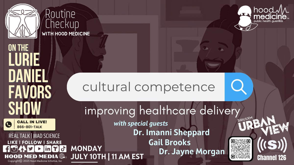 We're live now for #RoutineCheckup. @DrJayneMorgan, Dr. Imanni Sheppard, & Gail Brooks from @AliveAndInColor join for a discussion on clinical cultural competency.

🗓️ Today 7.10 11 am EST
📻The @LurieFavors Show on @SXMUrbanView Channel 126
📞866-801-TALK 

@SiriusXM
#LDFShow🎙️