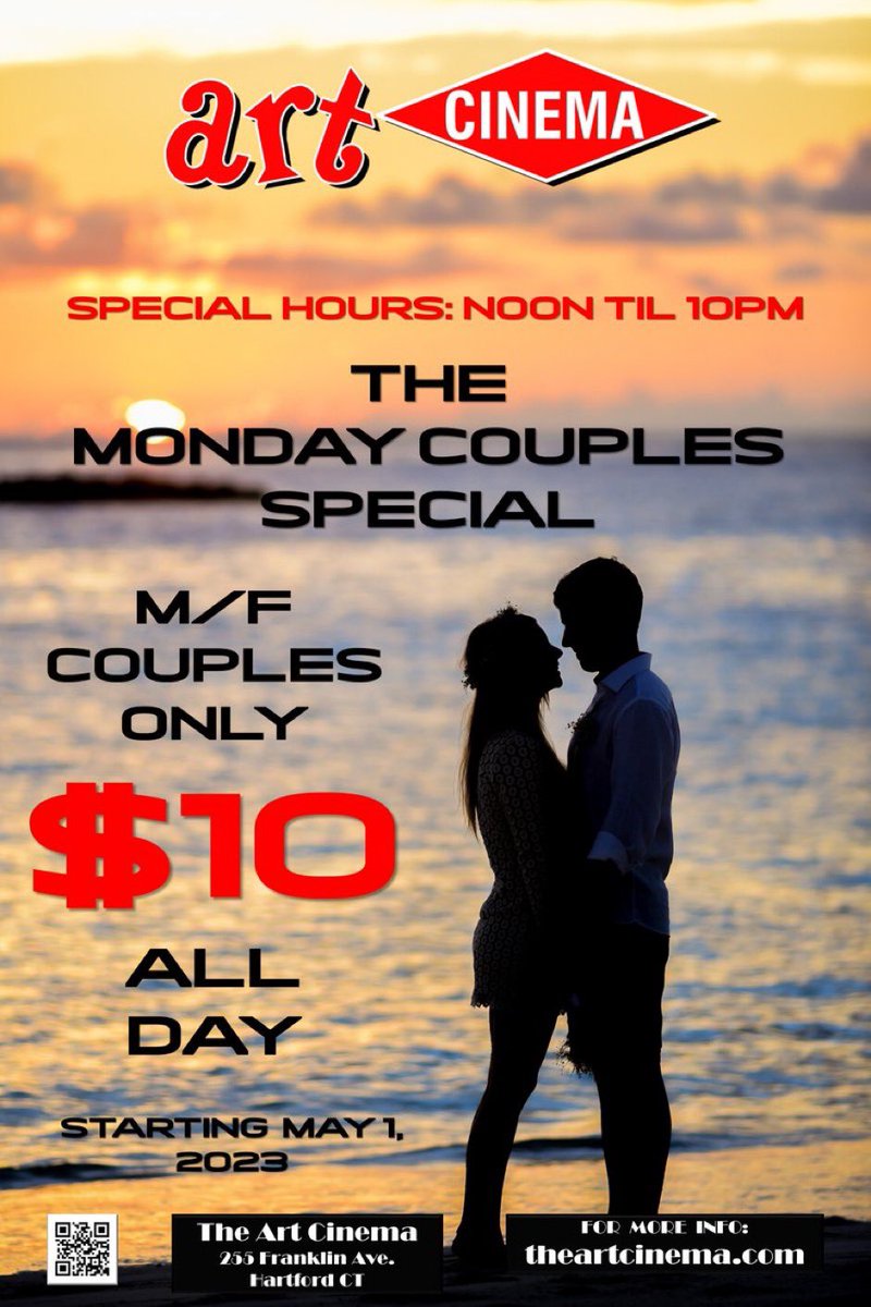 Hey <a href="/TheArtCinema/">The Art Cinema</a> fans in Hartford!

Every Monday we are open until 10pm!

MONDAY ONLY!

This enhances the Monday Couples Special experience for an extra hour!  This past Monday it was rocking &amp; rolling late! 

theartcinema.com