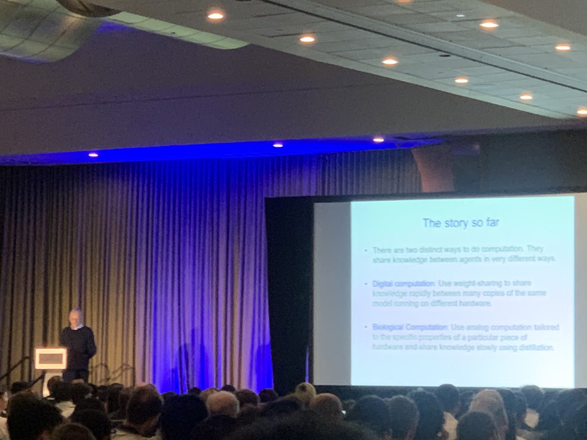 NIMI_InfAI's tweet photo. Digital vs. natural computing! Are LLMs really understanding or they are ‚just‘ predicting the next word?! Keynote of @geoffreyhinton at @aclmeeting is touching the path from past to future! #ai #LLMs https://t.co/zwP4OCMx6C