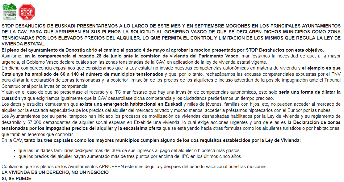 STOPdonostia's tweet photo. A lo largo de este mes y en septiembre, #STOPDesahucios presentaremos mociones en los principales ayuntamientos de #Euskadi para solicitar al @Gob_eus la declaración de zona tensionada, para poder controlar los precios del alquiler.

Comunicado: https://t.co/YVCXDxFBCH