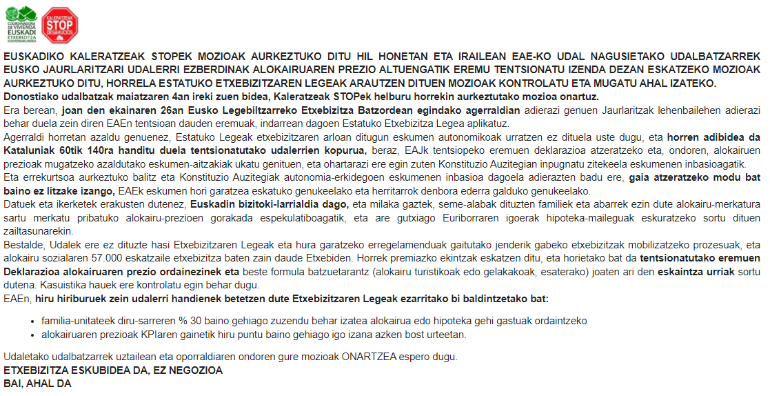 STOPdonostia's tweet photo. A lo largo de este mes y en septiembre, #STOPDesahucios presentaremos mociones en los principales ayuntamientos de #Euskadi para solicitar al @Gob_eus la declaración de zona tensionada, para poder controlar los precios del alquiler.

Comunicado: https://t.co/YVCXDxFBCH