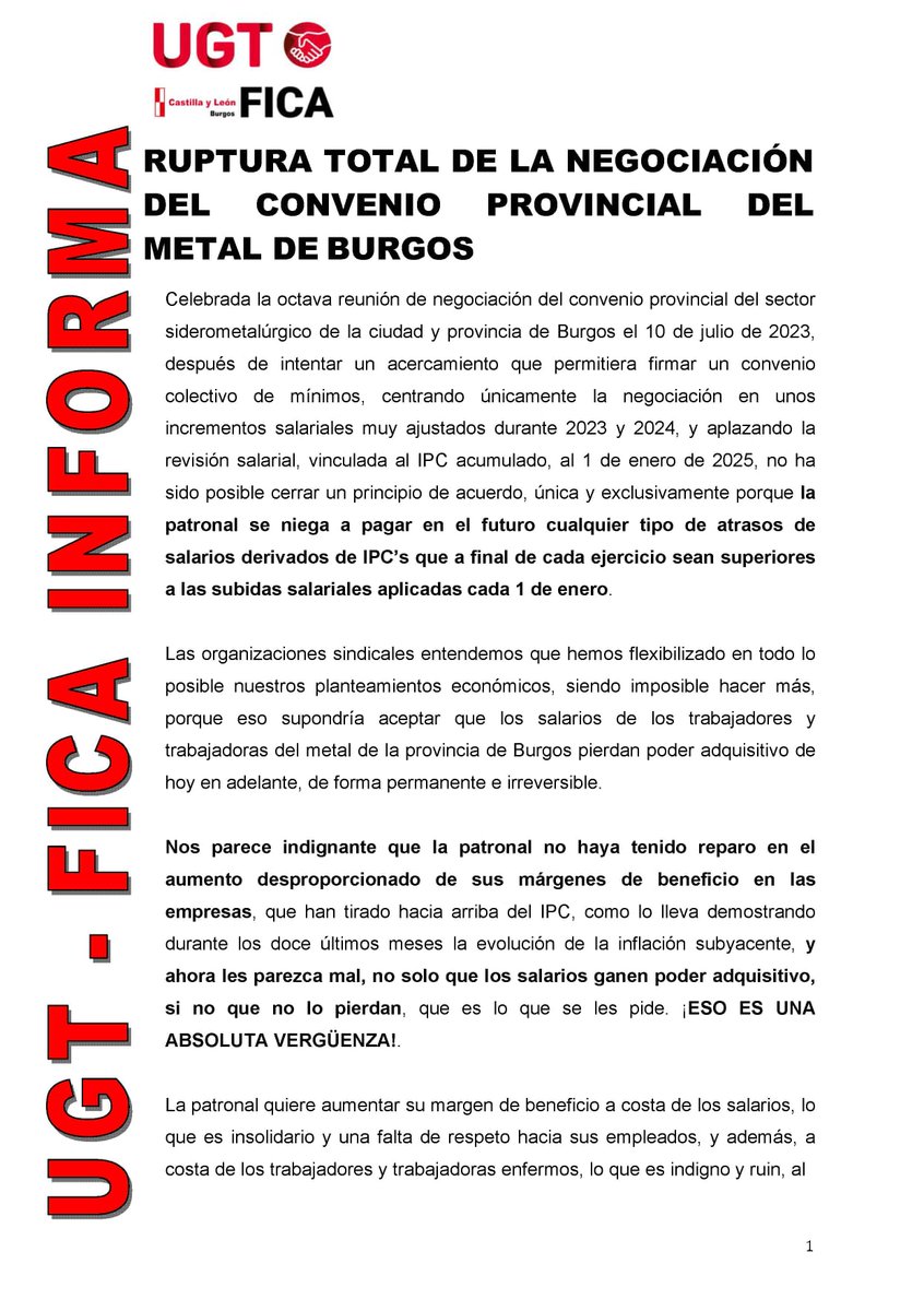 ugtficaburgos's tweet photo. @ugtficaburgos se prepara para movilizar a sus representantes de los trabajadores/as para iniciar acciones en las grandes empresas que concluirán en una #Huelga general en el sector del metal de la provincia de #Burgos ante la ruptura de la negociación del convenio con #FEMEBUR https://t.co/gk55OB2QcP
