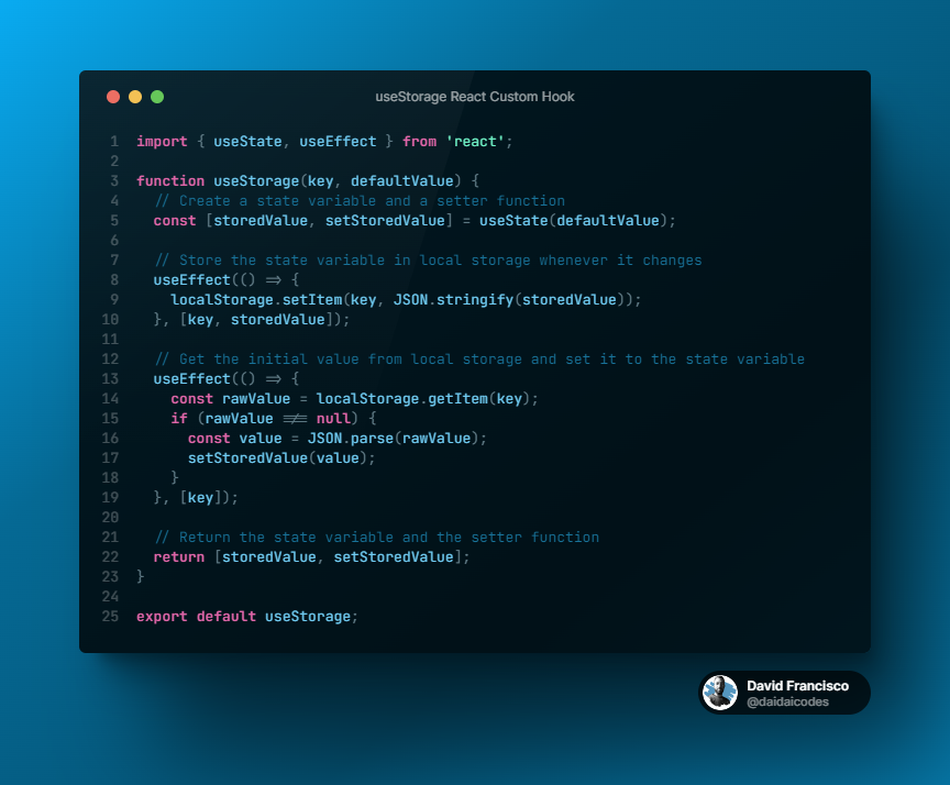 daidaicodes's tweet photo. π£ React Custom Hooks Series: useStorage π£
π¦The useStorage custom hook is a powerful tool for storing and retrieving data from the browser's local storage!
#ReactJS #CustomHooks #juniordeveloper #juniordev #100DaysOfCode #reactnative #javascript #webdev #useStorage https://t.co/YCKej7ttAD