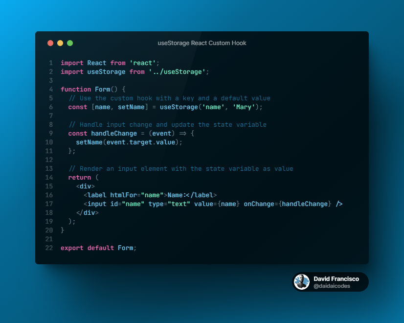 daidaicodes's tweet photo. π£ React Custom Hooks Series: useStorage π£
π¦The useStorage custom hook is a powerful tool for storing and retrieving data from the browser's local storage!
#ReactJS #CustomHooks #juniordeveloper #juniordev #100DaysOfCode #reactnative #javascript #webdev #useStorage https://t.co/YCKej7ttAD
