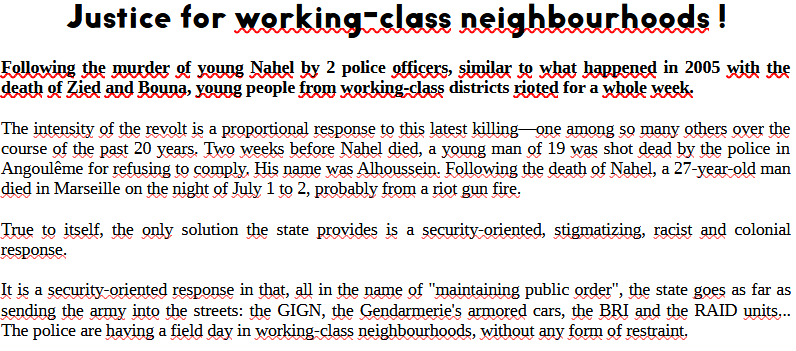 ucl37's tweet photo. Notre tract Justice pour les quartiers populaires ! est traduit : Justice for working-class neighbourhoods!
Pour le texte complet / for the full text : ucl37@riseup.net
#HusticePourNahel #DissolutionBravM #JusticeForNahel #DefundThePolice #MassIncarceration #StopKillingUs https://t.co/JDGq9OXN5k