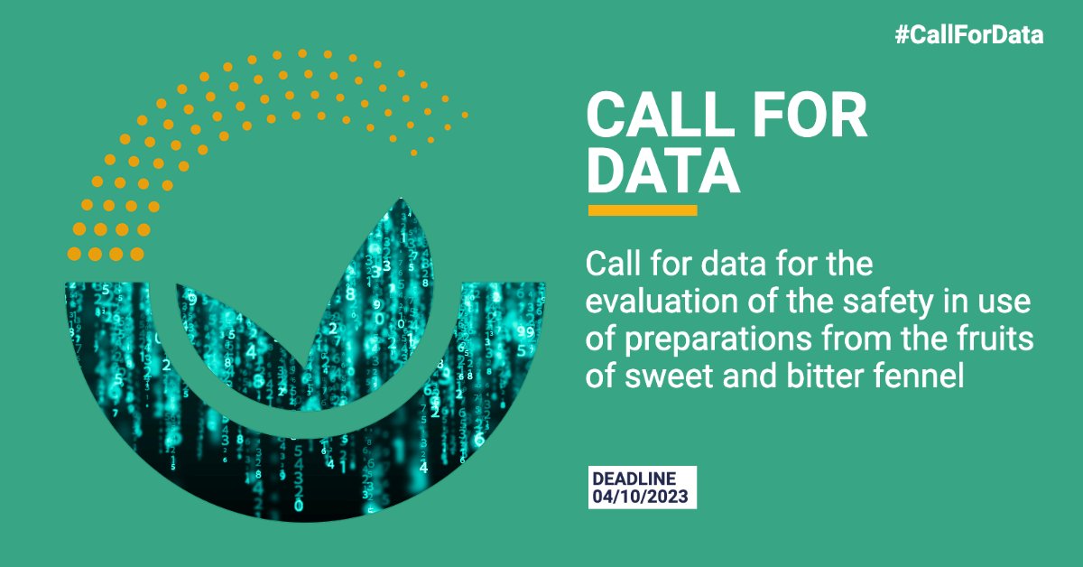 EFSA_EU's tweet image. 📣🌿 Calling all stakeholders!

Join our #CallForData on the safety in use of preparations from the fruits of sweet &amp;amp; bitter #fennel

Deadline for registering interest |⏰04/08/23

Deadline for submission of data | ⏰ 04/10/23

To know more, click 👇

europa.eu/!txKr4p