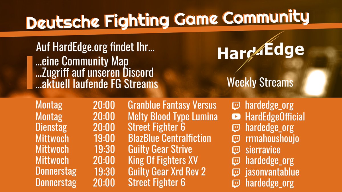 Hier ein Update zum Wochenplan der Fighting-Game Weeklies von hardedge.org.   Interesse teilzunehmen? Dann joined unseren Discord hardedge.org/discord und schaut im jeweiligen Game-Channel vorbei! #FGC