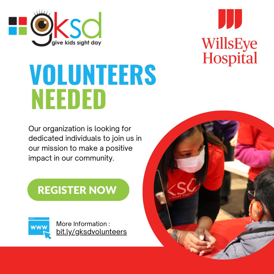 Volunteer Opportunity!

Wills Eye is looking for for ophthalmologists and non-ophthalmologists to help out at our annual Give Kids Sight Day event on Saturday, October 7.

Positions include:
Translators
Ophthalmologists or optometrists
Greeters

Sign up: bit.ly/gksdvolunteers