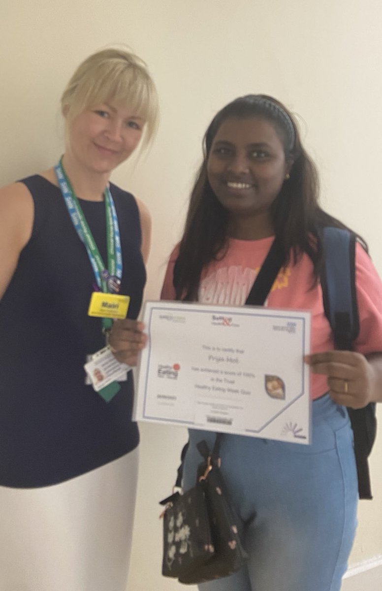 🎉 A huge well done to Priya for scoring 100% in the Trust Healthy Eating Quiz!! 🙌 @epsom_sthelier @DionneDaniel5 #HEW23