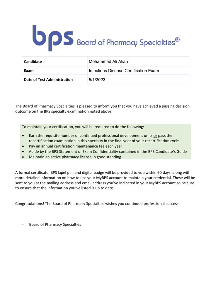 Ph_MA1's tweet photo. بفضل الله ومنه وكرمه شهادة  البورد الامريكي في تخصص الأمراض المعدية 

Thrilled to share that I've successfully passed the Infectious Disease certification exam, earning my Board Certified Infectious Diseases pharmacists(BCIDP) certification .
A new educational milestone is reached.

#bps #bcidp #pharmacist #Id #opportunities #growth