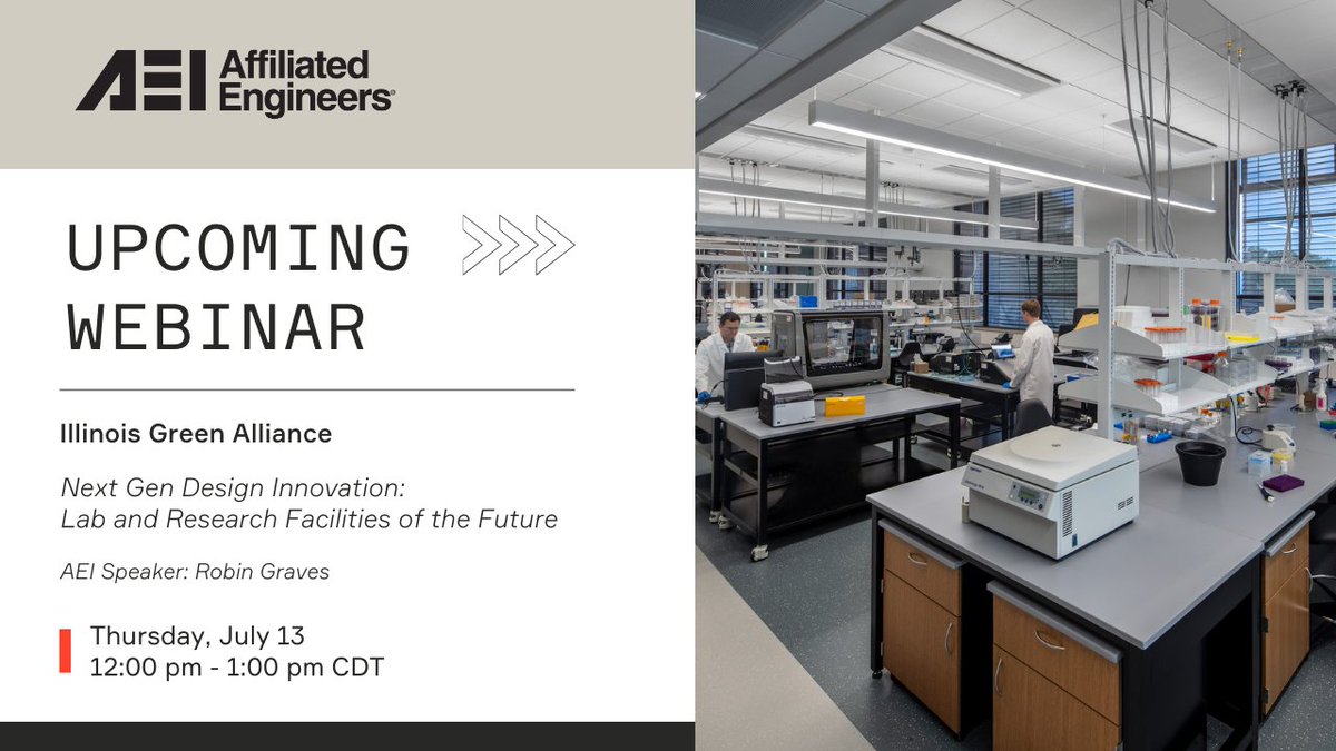 Join <a href="/ilgreenalliance/">Illinois Green Alliance</a> Thursday, July 13th, from 12–1 pm CDT for a webinar on the <a href="/promega/">Promega Corporation</a> Kornberg Center’s #sustainable &amp; #resilientdesign with AEI’s Robin Graves &amp; other members of the project team behind this lab &amp; research facility. Register today: bit.ly/3O5c1Uj