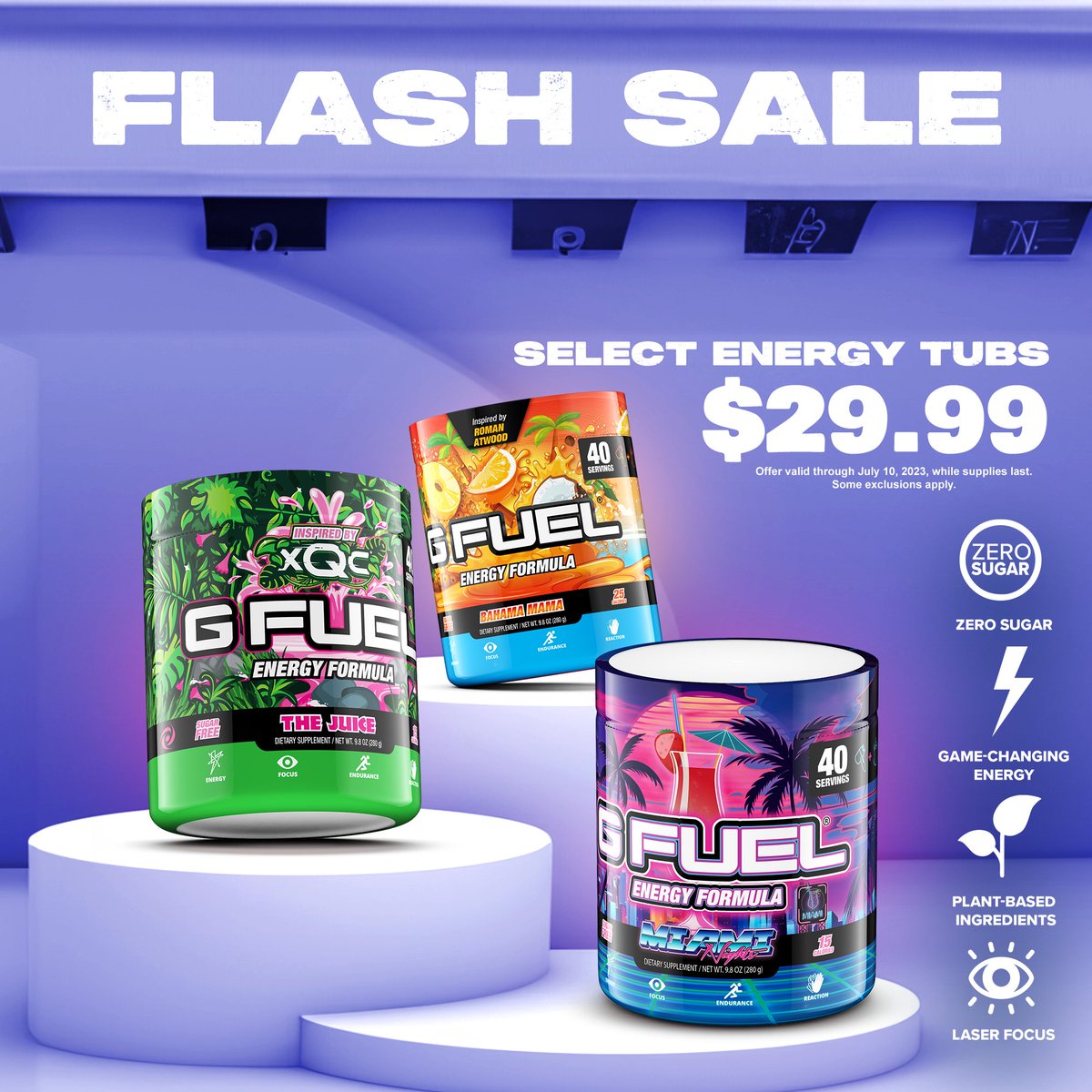 GFuelEnergy's tweet photo. 💜 𝗟𝗜𝗞𝗘 + 𝗥𝗧 + 𝗙𝗢𝗟𝗟𝗢𝗪 TO WIN A #GFUEL TUB OF YOUR CHOICE! 2 winners picked tomorrow in honor of our 𝟮𝟰 𝗛𝗢𝗨𝗥 𝗢𝗡𝗟𝗬 𝗙𝗟𝗔𝗦𝗛 𝗦𝗔𝗟𝗘! 

🤑 𝗖𝗢𝗗𝗘 "SUMMER20" = EXTRA 20% OFF!

🛍️ 𝗦𝗛𝗢𝗣: https://t.co/xh8w5Gk4RY https://t.co/Q2JJF3GHk9