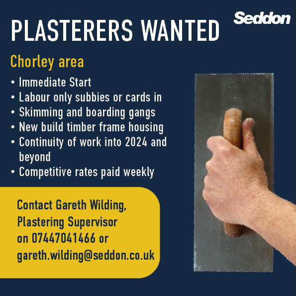 We're hiring! If you're looking for a role as a Plasterer based in the Chorley area, please contact our Plastering Supervisor via the details below #ConstructionJobs #Wearehiring