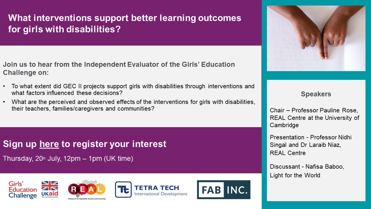 Join us next week online - 20 July 12pm UK time
What interventions support better learning outcomes for girls with disabilities?  
With <a href="/FCDOGEC/">Girls' Education Challenge</a>:
<a href="/nsingal14/">Nidhi Singal</a> <a href="/laraibniaz91/">Dr Laraib Niaz</a> <a href="/PaulineMRose/">Pauline Rose</a> <a href="/NafisaBaboo/">Nafisa Baboo</a> @lftwworldwide 
#InclusionMatters #GirlsEducation forms.office.com/Pages/Response…