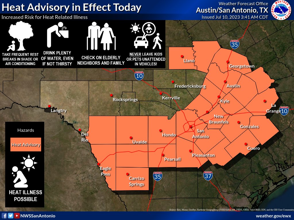 The <a href="/NWSSanAntonio/">NWS Austin/San Antonio</a> has placed Hays County under a Heat Advisory until 9PM 7/10. All should take precautions to avoid heat illness. Older adults, people with chronic conditions, pregnant people &amp; children are the most vulnerable to heat. #KyleTX 
More Info: ready.gov/heat