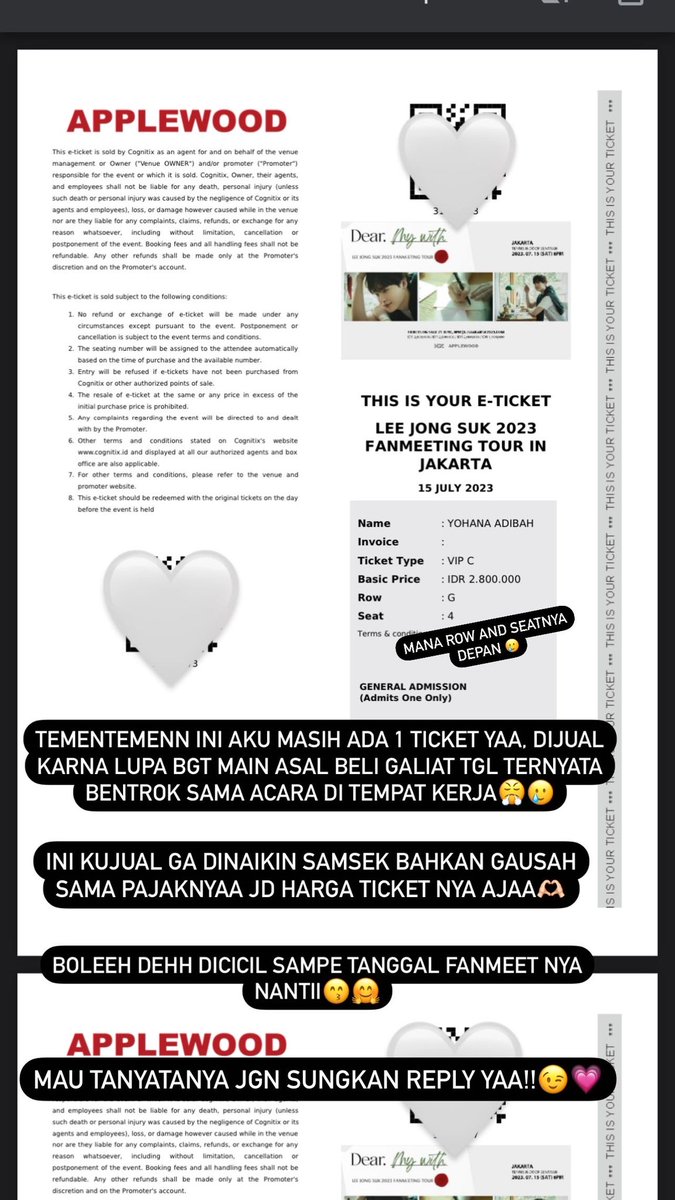 yoanwana's tweet photo. Wts fanmeet lee jong suk
1 tix
Vip c
Row G
Normal price 2800k
#fanmeeting #LeeJongSuk #wts https://t.co/Ki81S9JwfU