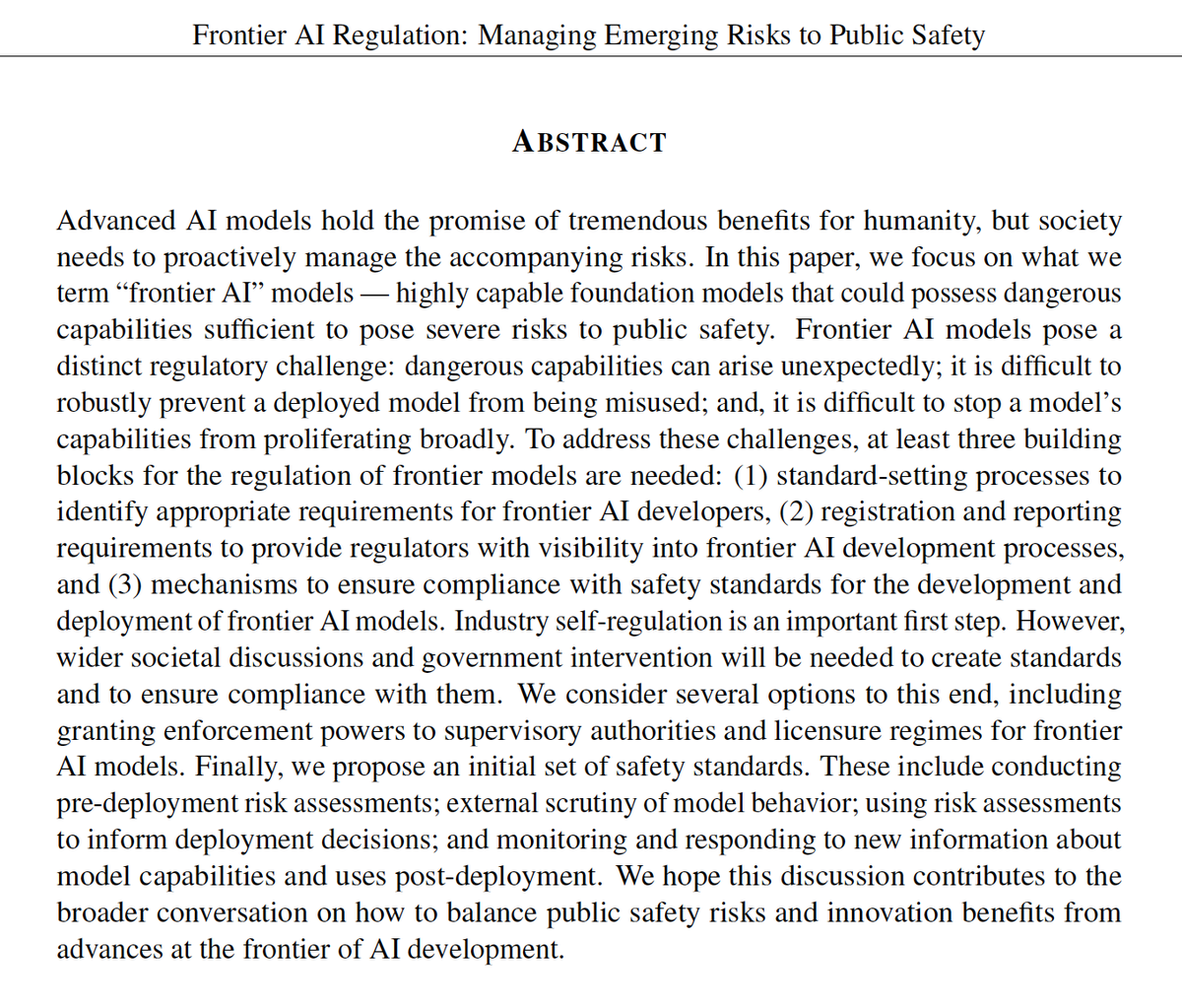 Manderljung's tweet image. As the capabilities of AI models increase, new regulation will be needed.
In a new white paper, with co-authors from across academia, think tanks, and AI labs, we describe why regulation of frontier AI is needed, what it could look like, and minimal frontier AI safety standards.