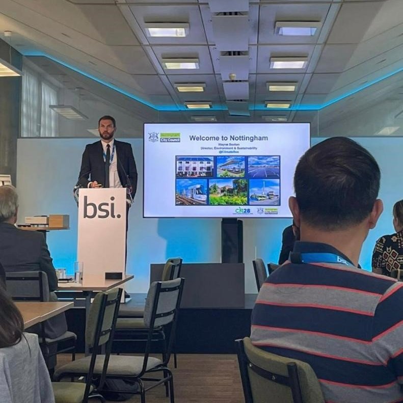 .@ClimateBex joined the <a href="/BSI_UK/">BSI UK</a> event today to tell attendees about:

💚Nottingham’s carbon neutral aspirations
📈Green Growth in the Midlands 
💷How devolution can boost the local economy

Keep up with <a href="/CN2028/">Carbon Neutral Nottingham 2028</a> by signing up for the monthly newsletter
bit.ly/CN28-newsletter