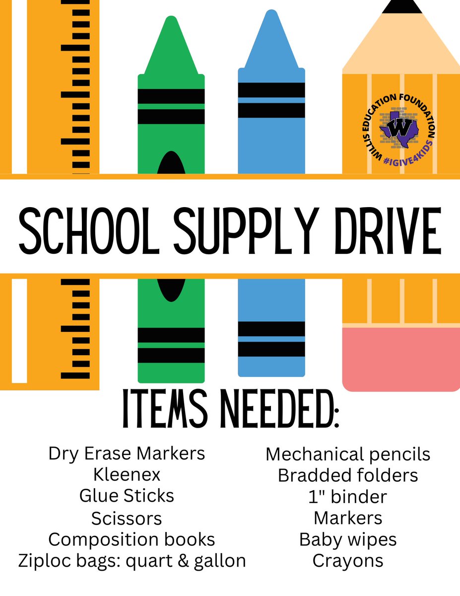 Now through July 27th you can make a difference in the life of a Willis ISD student. Donate school supplies at these locations. #igive4kids
