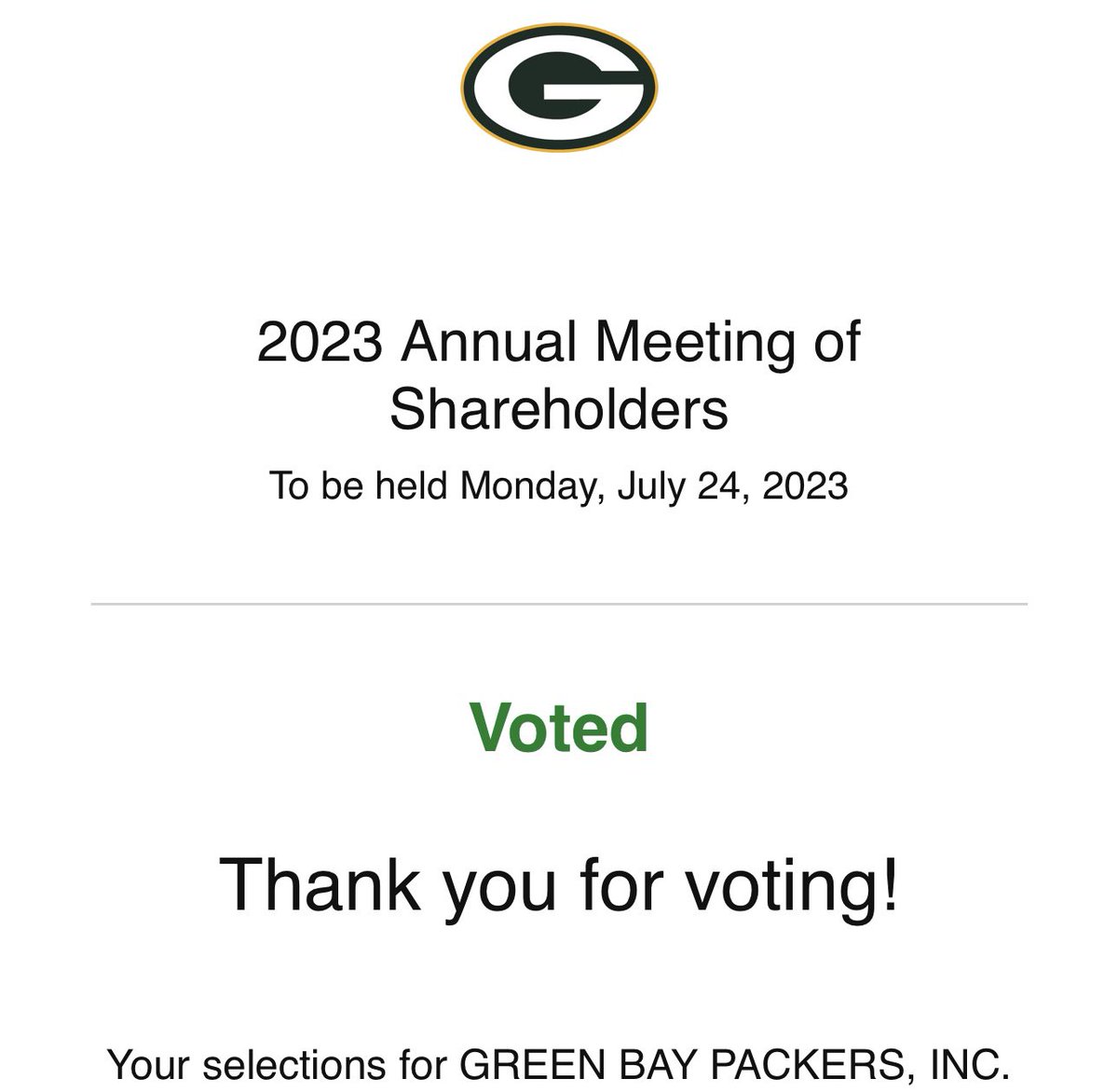 KautzaChris's tweet photo. My ownership duties are fulfilled. Always happy to help the @packers with my votes. #GoPackGo https://t.co/Ul2QzDPyRf