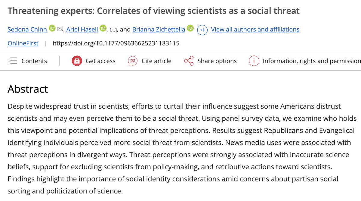 Out now! Who sees scientists as a social threat & implications. Associating science w/ pol identities may lead some to see scientists as an ally or a threat, with notable consequences. #scicomm @SciPublic @arielhasell @rodenjess @BriZichettella journals.sagepub.com/doi/10.1177/09…